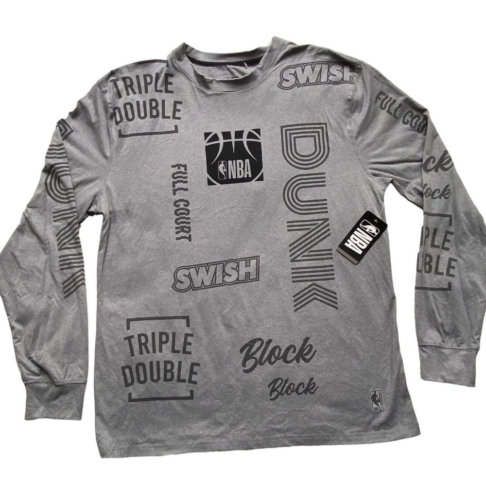 NWT NBA Mens Gray Spell Out Word/Logo Long Sleeve Crew Neck T Shirt Size Large L - Picture 1 of 15
